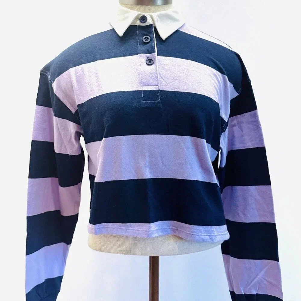 NWT SO Juniors Long Sleeve Pullover Collar Neck Striped Purple Crop Top Size XS